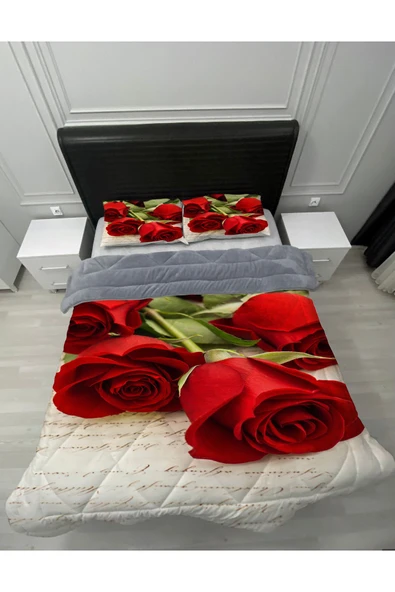 Pusula Home Welsoft Pofuduk Çift Taraflı GÜLLER  Desenli Çift Kişilik Yorgan Uyku Seti ürün görseli 1
