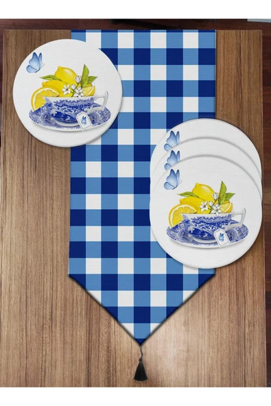 Pusula Home Mavi Ekose Ve Limon Desenli 6'lı Supla Ve Runner Set ürün görseli 1