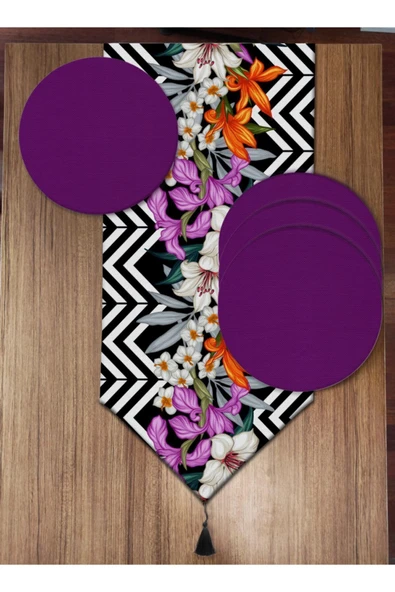 Pusula Home Zikzak ve Keribar Çiçeği Desenli 6'lı Supla Runner Set ürün görseli 1