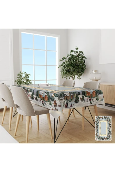 Pusula Home Yılbaşı Evler Ve Geyikler Desenli Dertsiz Masa Örtüsü ürün görseli 1