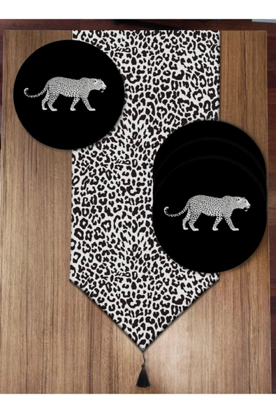 Pusula Home Siyah Beyaz Leopar Desenli 6'lı Supla Ve Runner Set ürün görseli 1