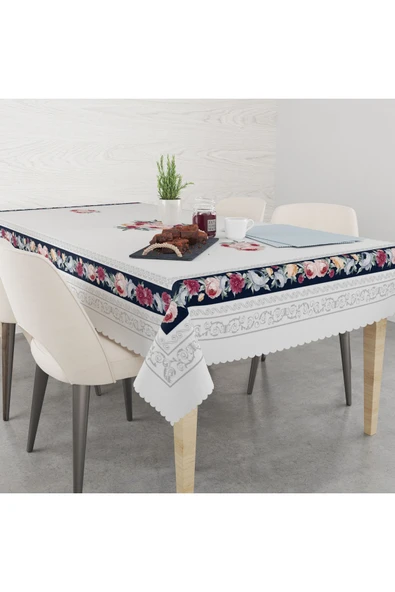 Pusula Home Çiçekli Lacivert Şeritli  Desenli Masa Örrtüsü ürün görseli 1