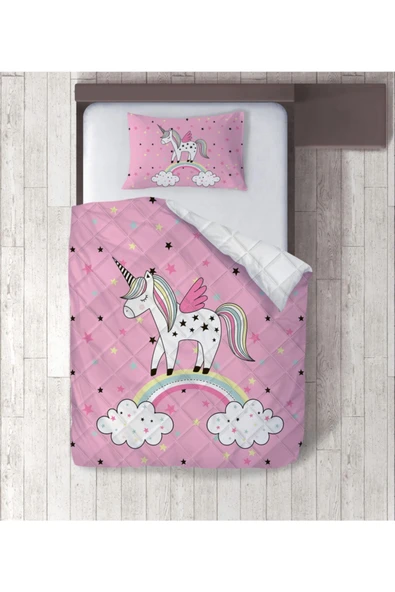 Unicorn Ve Gökkuşağı Dijital Baskılı Tek Kişilik Yorgan Set ürün görseli 1