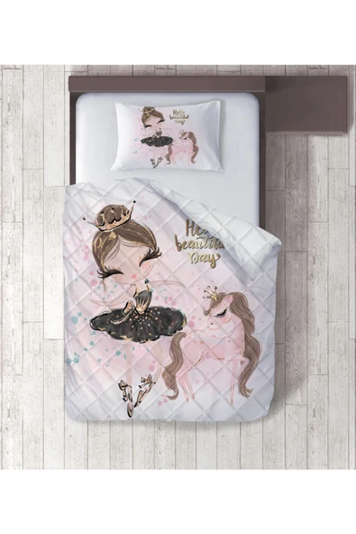 Balerin Ve Unicorn Desenli Dijital Baskılı Tek Kişilik Yorgan Set ürün görseli 1
