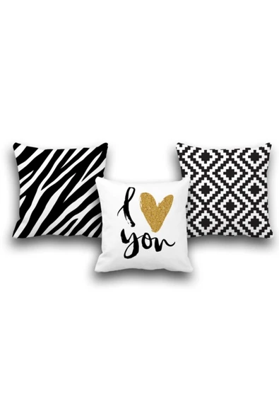 Pusula Home Çift Taraflı 3 Lü Set I Love You Geometri Desen Dijital Baskılı Kırlent Kılıfı ürün görseli 1