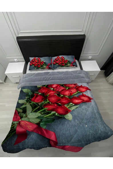 Pusula Home Welsoft Pofuduk Çift Taraflı GÜL BUKETİ  Desenli Çift Kişilik Yorgan Uyku Seti ürün görseli 1