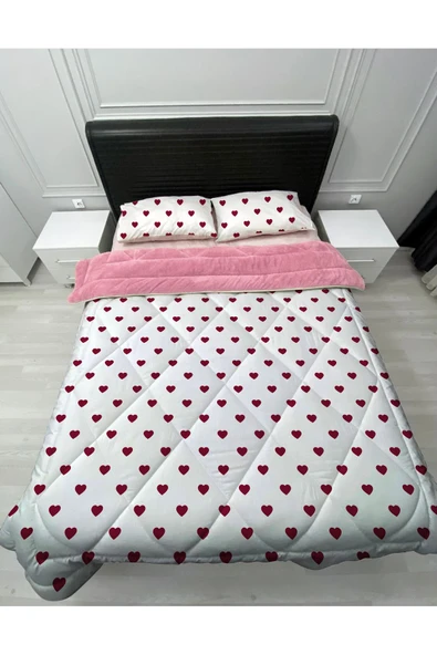 Pusula Home Welsoft Pofuduk Çift Taraflı Kalpli Desenli Çift Kişilik Yorgan Uyku Seti ürün görseli 1