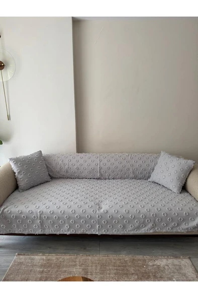 Konik Kırlent Kılıfı Hediyeli 170x210 cm Pamuklu Koltuk Örtüsü Gri ürün görseli 1