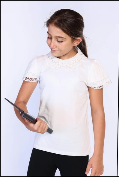 Toontoy Kız Çocuk Önü Dantelli Okul Tişört 11315 ürün görseli 1
