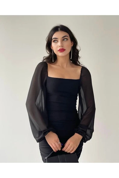 OlaLady Prenses Kollu Romantik Siyah Kalem Elbise ürün görseli 1