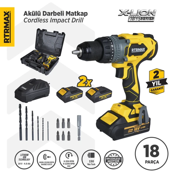 RTX3020 Şarjlı Darbeli Matkap Kömürsüz 150 Nm 2x4 Ah Plus Çift Akü Hızlı Şarj X-Lion - Akü Dahil ürün görseli 1