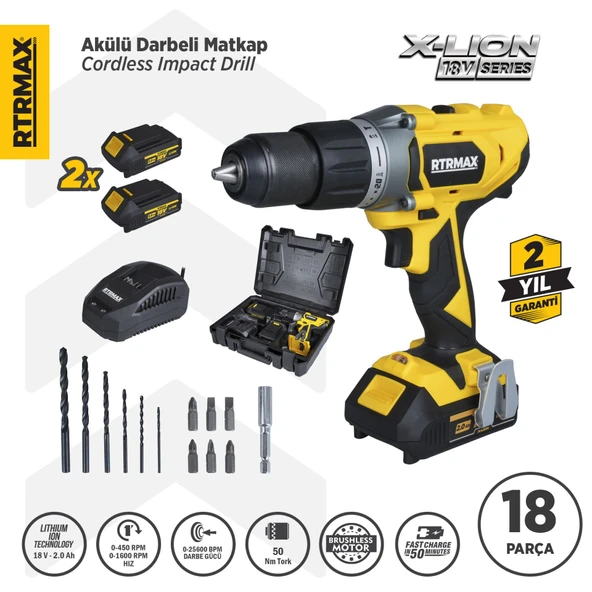 RTX1820 Şarjlı Darbeli Matkap 50 Nm 2x2 Ah Çift Akü X-Lion - Akü Dahil ürün görseli 1