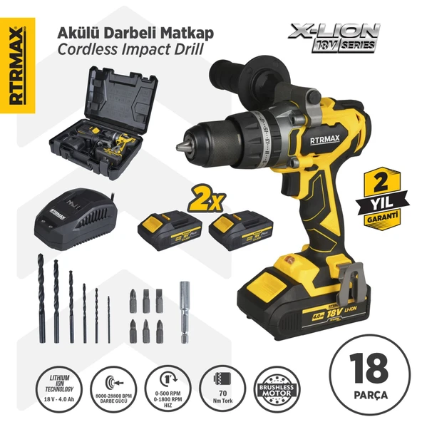 RTX3010 Şarjlı Darbeli Matkap Kömürsüz 70 Nm 2x4 Ah Plus Çift Akü X-Lion - Akü Dahil ürün görseli 1