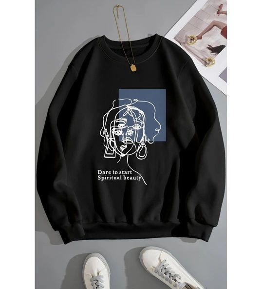 Unisex Baskılı Bisiklet Yaka Sweatshirt ürün görseli 1