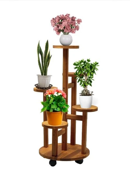 Tekerlekli Çiçeklik 5 Raflı Saksılık Dekoratif 5 Raflı Çiçeklik Doğal Ahşap Saksılık Çiçek Rafı Daire Model ürün görseli 1
