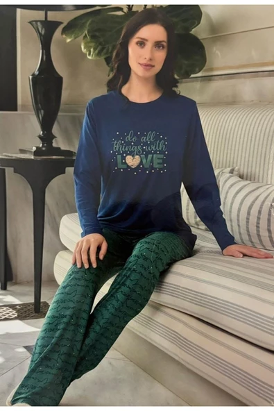 Marka Pamuklu Esnek Kadın 2'li Pijama Takımı Lacivert-Yeşil ürün görseli 1