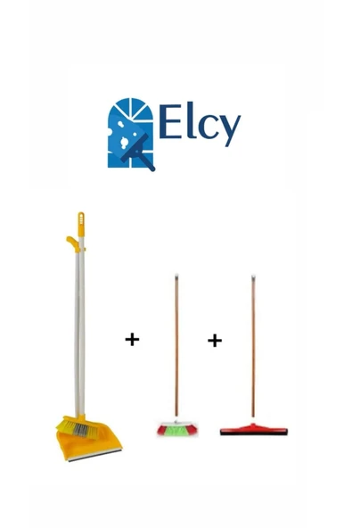 ELCY 3’lü Temizlik Seti Ahşap Saplı Fırça Çekpas Çekçek Lüks Katlanabilir Faraş Sarı ürün görseli 1