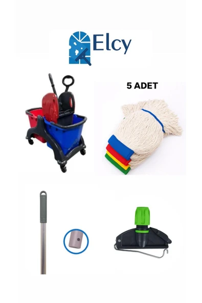 ELCY Çift Kovalı Plastik Temizlik Arabası Paspas Arabası Islak Mop Seti 5 ADET Islak Mop ürün görseli 1