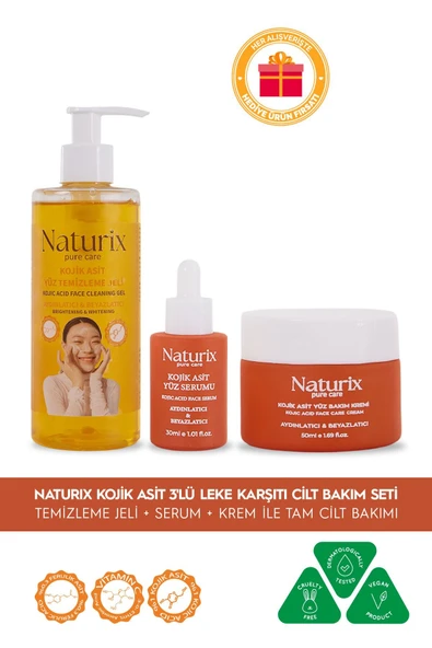 Kojik Asitli 3'lü Leke Karşıtı Bakım Seti | Yüz Temizleme Jeli 250 ml + Serum 30 ml + Krem 50 ml ürün görseli 1