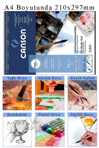 Çok Amaçlı Sanatsal Blok A4 210x297 mm 200 gr 20 Yaprak 1 Adet Canson Resim Defteri Akrilik Yağlı Guaj Keçeli Sulu Boya ürün görseli 1