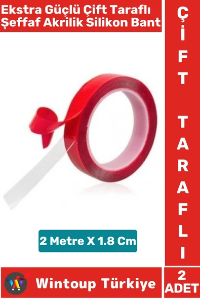 Ekstra Güçlü Suya Küfe Neme Dayanıklı Şeffaf Çift Taraflı Akrilik Silikon Bant 2 Metre X 1.8 Cm 2 Ad ürün görseli 1