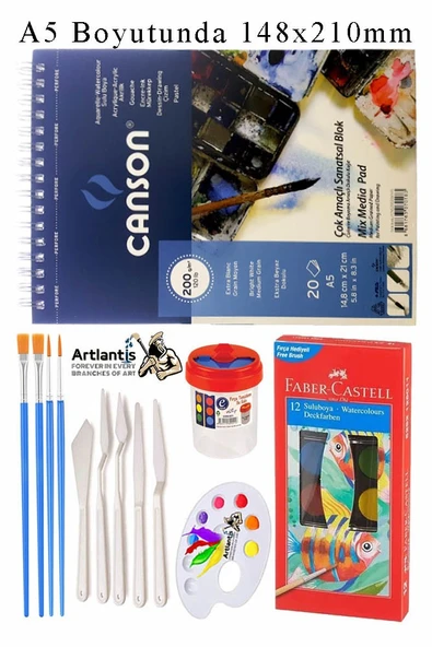 Canson Çok Amaçlı Sanatsal Blok A5 200 gr 20 Yaprak 1 Adet 12 Renk Sulu Boya Fırça Palet Spatula Fırça Temizleme Kabı ürün görseli 1