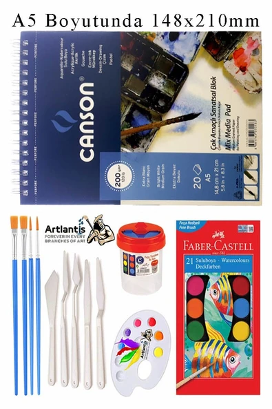 Canson Çok Amaçlı Sanatsal Blok A5 200 gr 20 Yaprak 1 Adet 21 Renk Sulu Boya Fırça Palet Spatula Fırça Temizleme Kabı ürün görseli 1