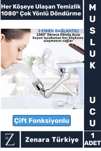 Kolay Montaj Metal Görünümlü 1080 Derece Dönebilen Çift Modlu Su Akışı Akrobat Musluk Ucu Başlığı ürün görseli 1