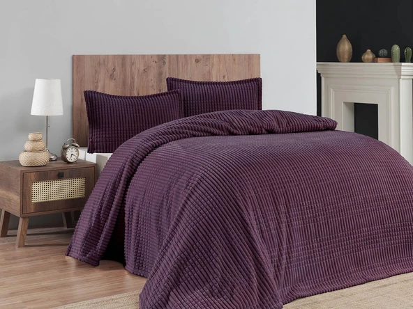Merinos Modern Line 3 Parça Çift Kişilik Battaniye Seti Kutulu 220x240 Mürdüm ürün görseli 1