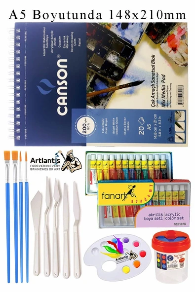 Canson Çok Amaçlı Sanatsal Blok A5 200 gr 20 Yaprak 1 Adet 12 Renk Akrilik Boya Fırça Palet Spatula Fırça Temizleme Kabı ürün görseli 1