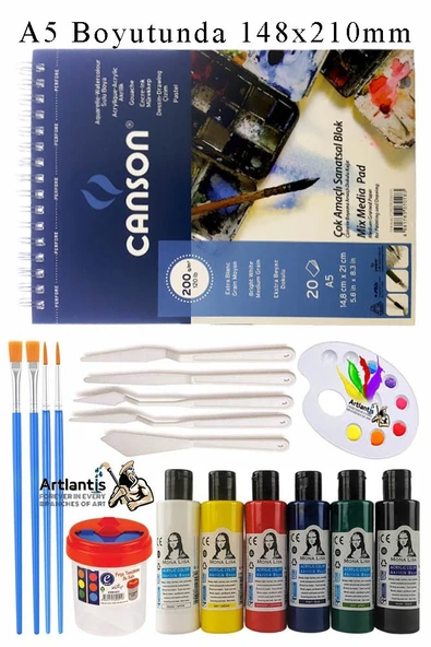 Canson Çok Amaçlı Sanatsal Blok A5 200 gr 20 Yaprak 1 Adet 6 Renk Akrilik Boya Fırça Palet Spatula Fırça Temizleme Kabı ürün görseli 1