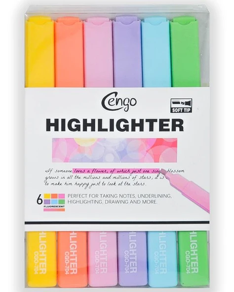 Cengo Kare Tipi Highlighter Fosforlu Kalem Fluorescent Renkler 6lı Set CGO704 ürün görseli 1