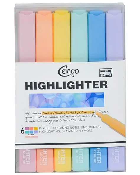 Cengo Kare Tipi Highlighter Fosforlu Kalem Candy Renkler 6lı Set CGO701 ürün görseli 1