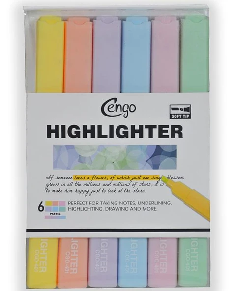 Cengo Kare Tipi Highlighter Fosforlu Kalem Pastel Renkler 6lı Set CGO401 ürün görseli 1