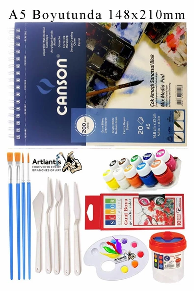Canson Çok Amaçlı Sanatsal Blok A5 200 gr 20 Yaprak 1 Adet 10 Renk Guaj Boya Fırça Palet Spatula Fırça Temizleme Kabı ürün görseli 1
