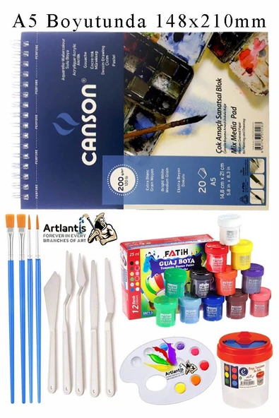 Canson Çok Amaçlı Sanatsal Blok A5 200 gr 20 Yaprak 1 Adet 6 Renk Guaj Boya Fırça Palet Spatula Fırça Temizleme Kabı ürün görseli 1