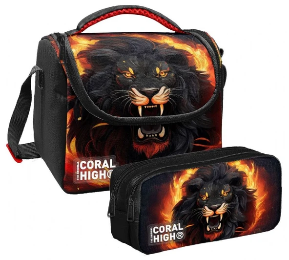 Coral High Erkek Çocuk Siyah Kükreyen Aslan Thermo Beslenme Çantası ve İki  Bölmeli Kalemlik Seti ürün görseli 1