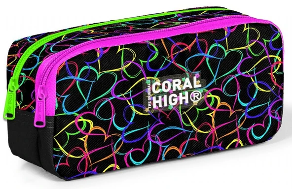 Coral High Kız Çocuk Siyah/Pembe Kalp Desenli Okul Kalem Çantası ürün görseli 1