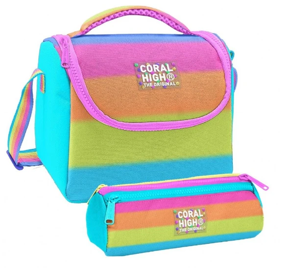 Coral High Kız Çocuk Pembe Turuncu Renk Geçişli Thermo Beslenme Çantası ve Üç Bölmeli Kalemlik Seti ürün görseli 1