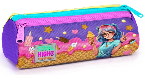 Coral High Mor Pembe Dondurmalı Kız Desenli Kız Çocuk Üç Gözlü Kalemlik ürün görseli 1