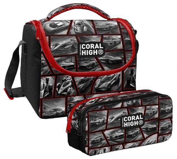 Coral High Erkek Çocuk Siyah Kırmızı Araba Thermo Beslenme Çantası ve İki Bölmeli Kalemlik Seti ürün görseli 1