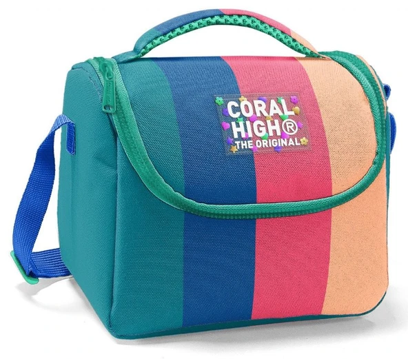 Coral High İlkokul Kız Çocuk Okul Beslenme Çantası, Yeşil Mavi Pembe Renkli Çizgili, Termoslu (Isı Yalıtımlı) ürün görseli 1