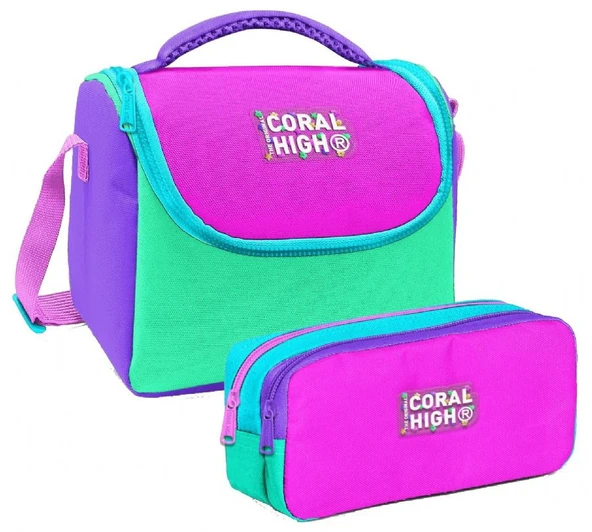 Coral High Kız Çocuk Pembe Yeşil Çok Renkli Thermo Beslenme Çantası ve İki Bölmeli Kalemlik Seti ürün görseli 1
