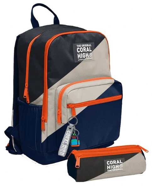 Coral High Erkek Çocuk Dört Gözlü Okul Sırt Çantası ve  Kalemlik Seti - Lacivert Bej Renkli Çizgili - İlkokul ve Ortaokul İçin Uygun ürün görseli 1