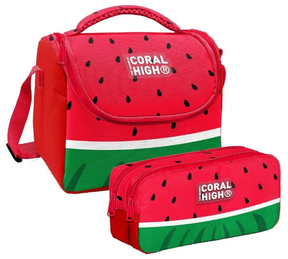 Coral High Erkek Çocuk Kırmızı Yeşil Karpuz Thermo Beslenme Çantası ve İki Bölmeli Kalemlik Seti ürün görseli 1
