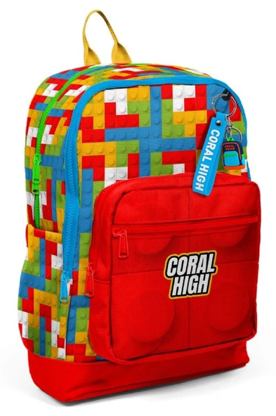 Coral High Dört Bölmeli Kız ve Erkek Çocuk İlkokul 1-2-3-4. Sınıf Okul Sırt Çantası - Kırmızı Yapı Blokları ürün görseli 1