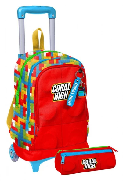 Coral High Işıklı Tekerlekli Erkek Çocuk, Kırmızı Yapı Blokları Baskılı, İlkokul Çekçek Çanta ve Kalemlik Seti ürün görseli 1