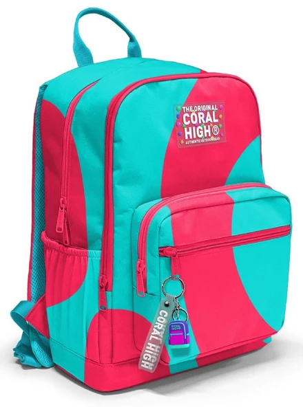 Coral High İlkokul ve Ortaokul Sırt Çantası - Kız Çocuk, Kırmızı Turkuaz Renkli Çizgili, Dört Bölmeli ürün görseli 1
