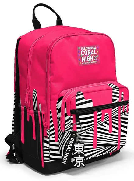 Coral High İlkokul ve Ortaokul Sırt Çantası - Kız Çocuk, Pembe Siyah Beyaz Boya Desenli, Dört Bölmeli ürün görseli 1