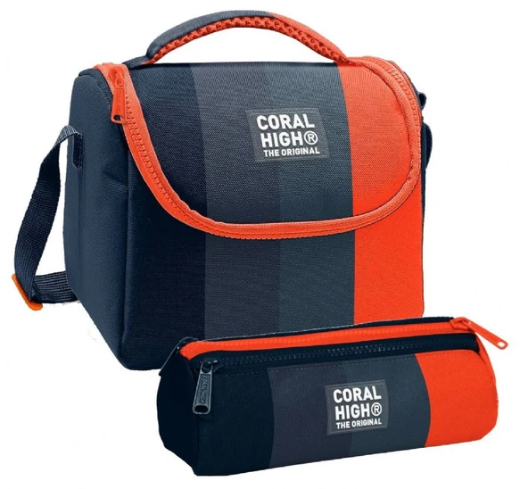 Coral High Erkek Çocuk Siyah Turuncu Renkli Çizgili Thermo Beslenme Çantası ve Üç Bölmeli Kalemlik Seti ürün görseli 1